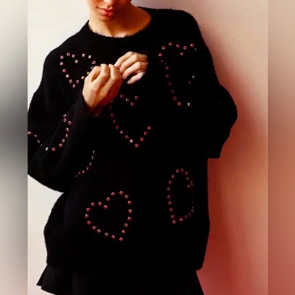 Zara Sweaters - ZARA| Heart Beaded Knit Sweater| Black with red embelllishments | Size M